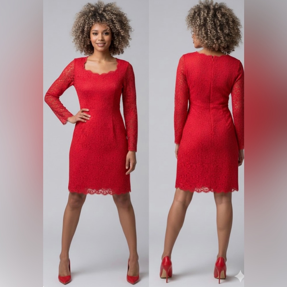 Cache Red Long Sleeve Lace Dress